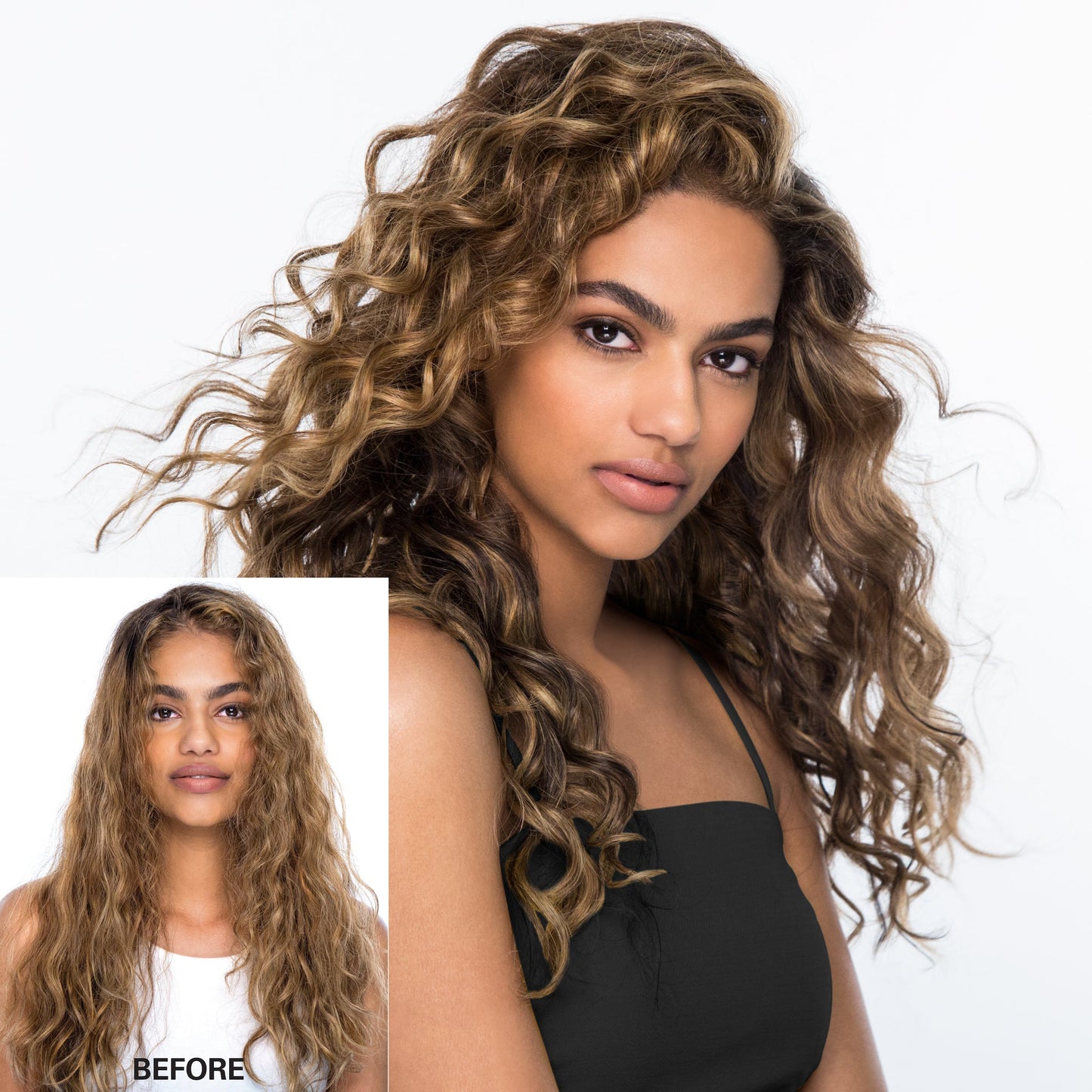Before and after of a model with frizzy, dry undefined curls and then defined, smooth and hydrated curls.