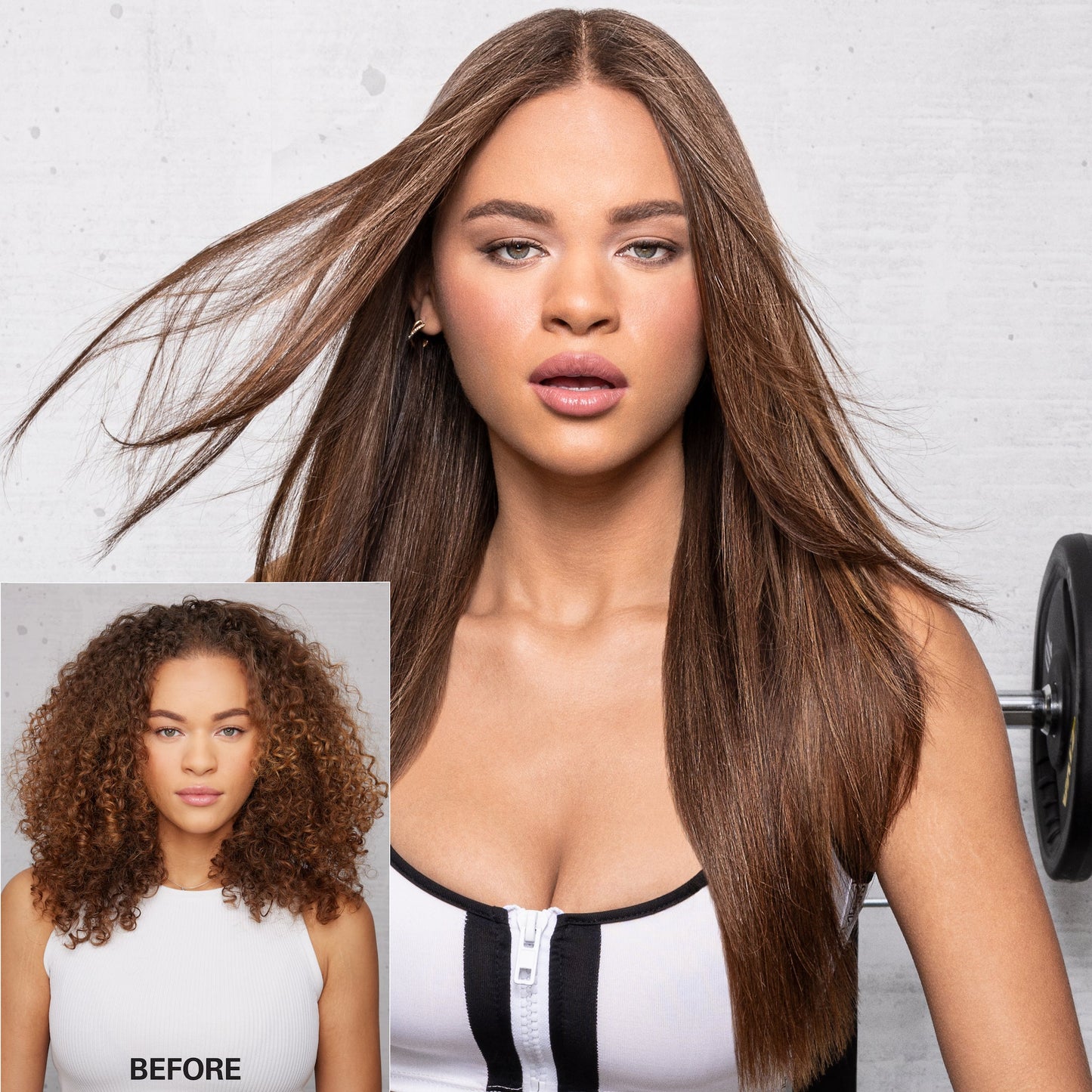 Before & after of a model with curly hair and then long, straight smooth hair.