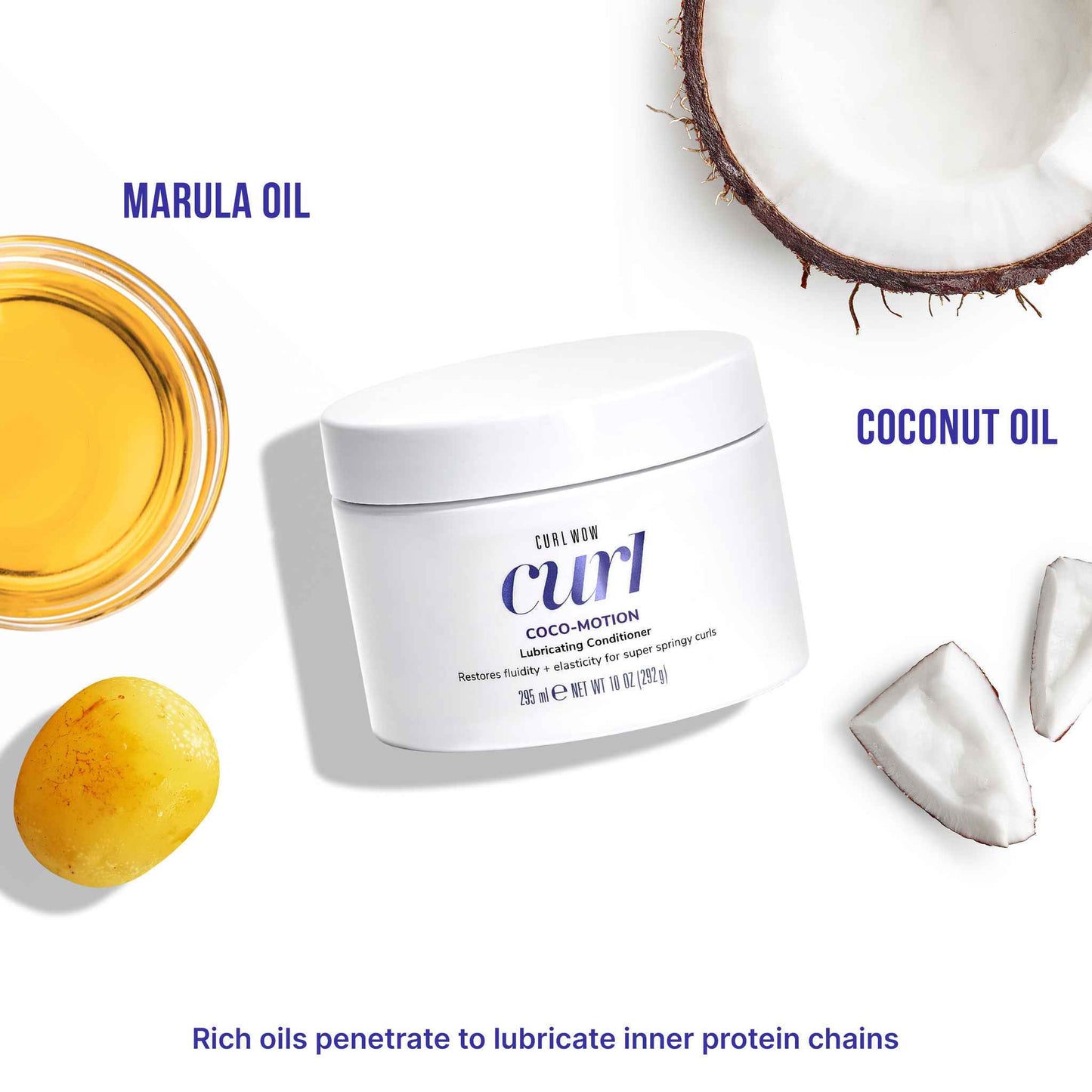Rich oils penetrate to lubricate inner protein chains. Marula oil & coconut oil.