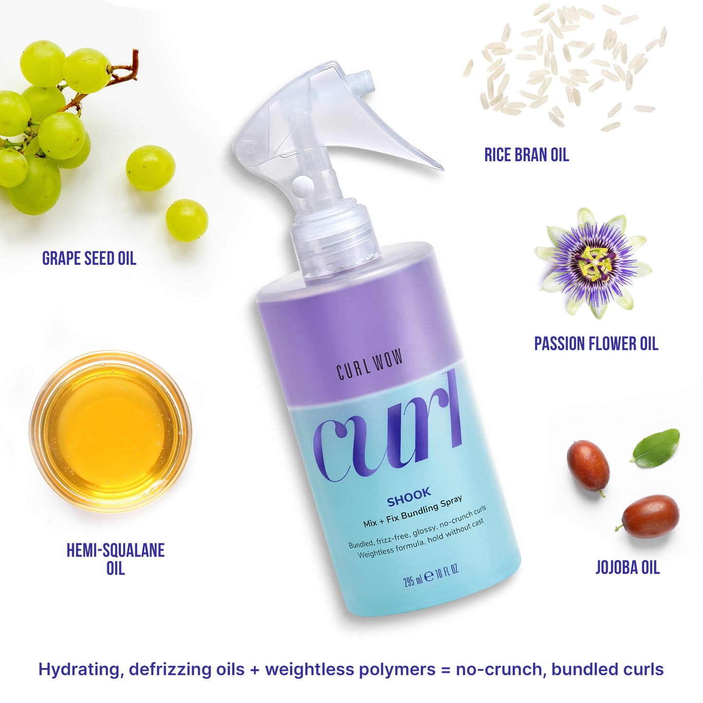 Hydrating, defrizzing oils + weightless polymers = no-crunch, bundled curls. Rice bran oil, grape seed oil, passion flower oil, hemi-squalane oil, & jojoba oil.