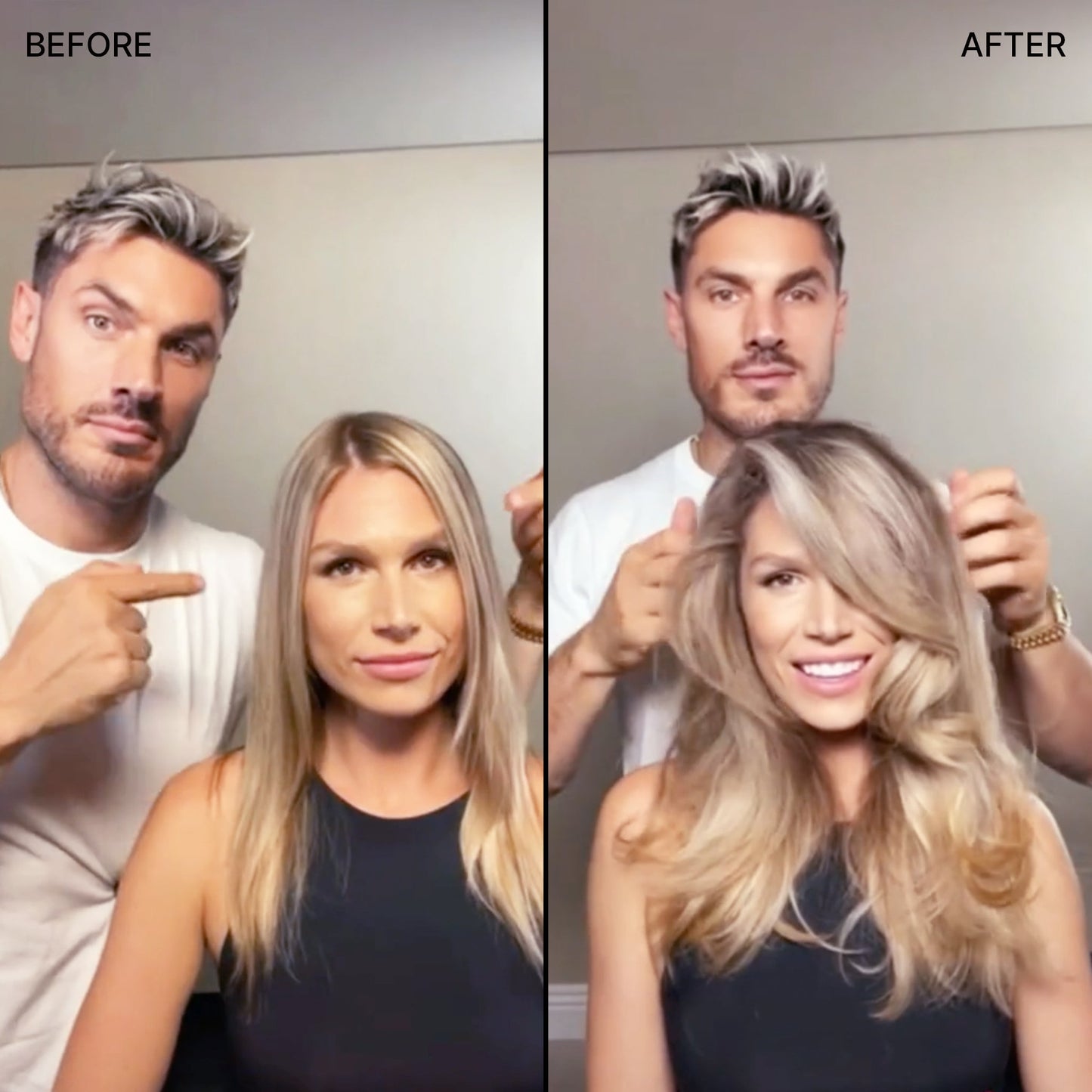 Before & after of a model with flat, fine, thin hair and then thick, full hair.