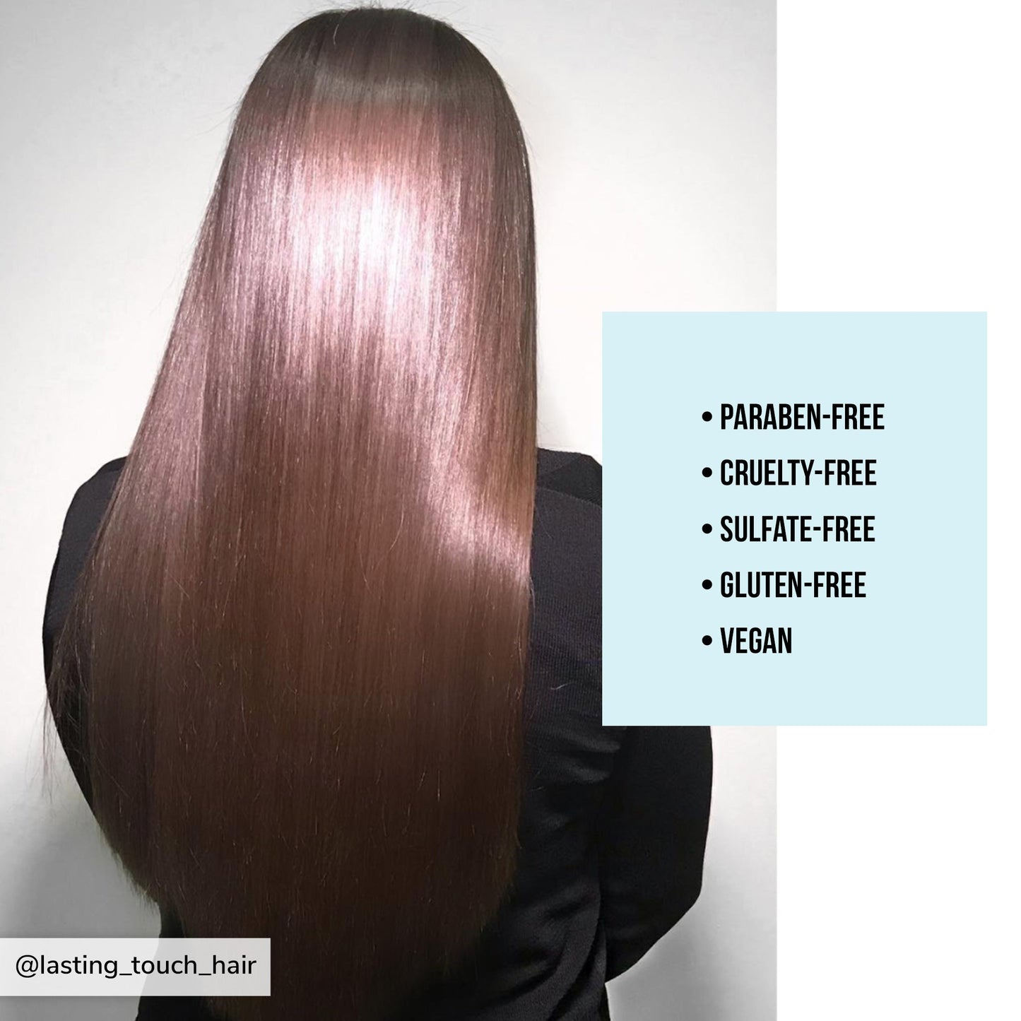 Image from @lasting_touch_hair of smooth, shiny hair. Color Security Conditioner is paraben-free, cruelty-free, sulfate-free, gluten-free, and vegan.