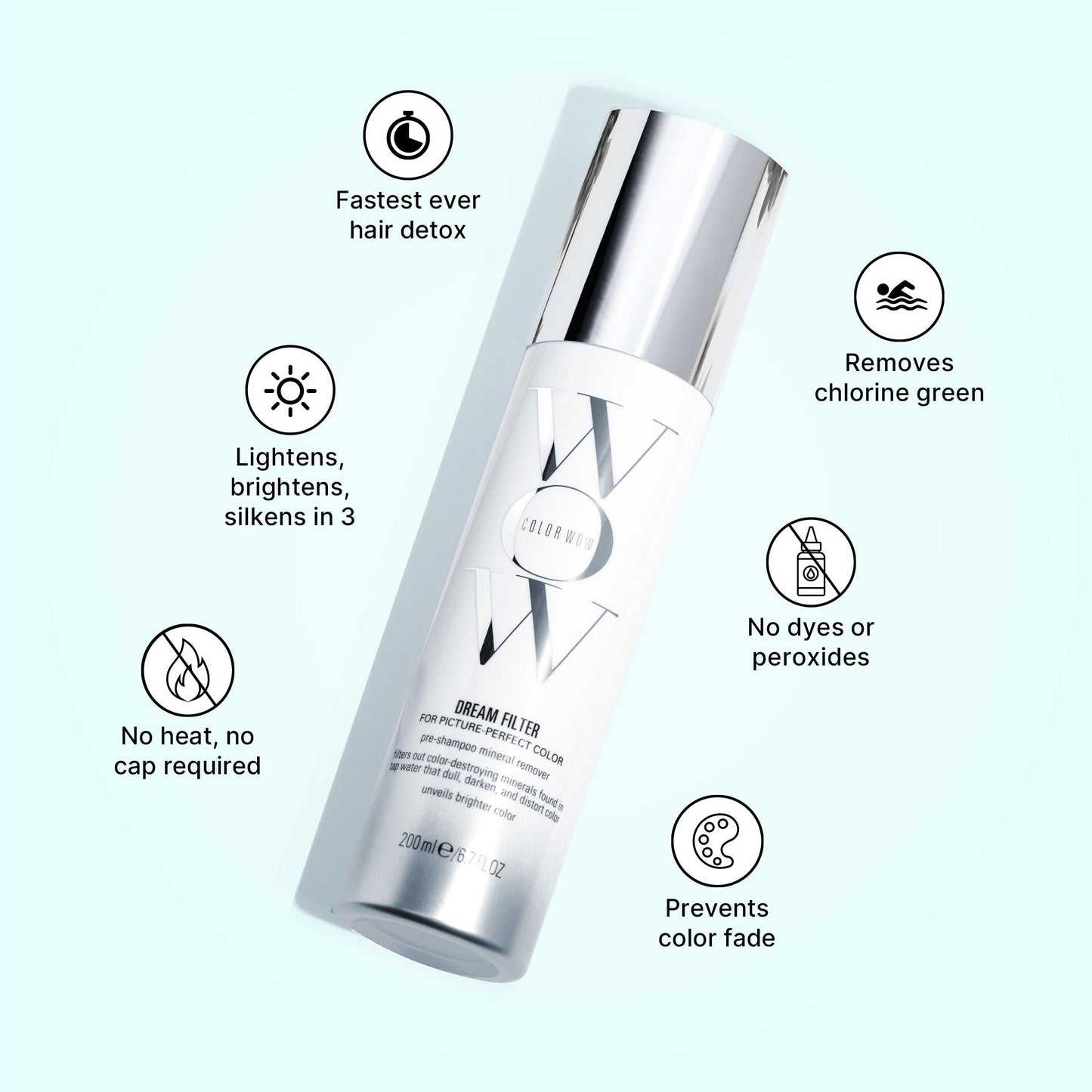Dream Filter is the fastest ever hair detox, lightens, brightens, and silkens in 3 minutes, removes chlorine green, and prevents color fade. There is no heat and no cap required, and no dyes or peroxides.