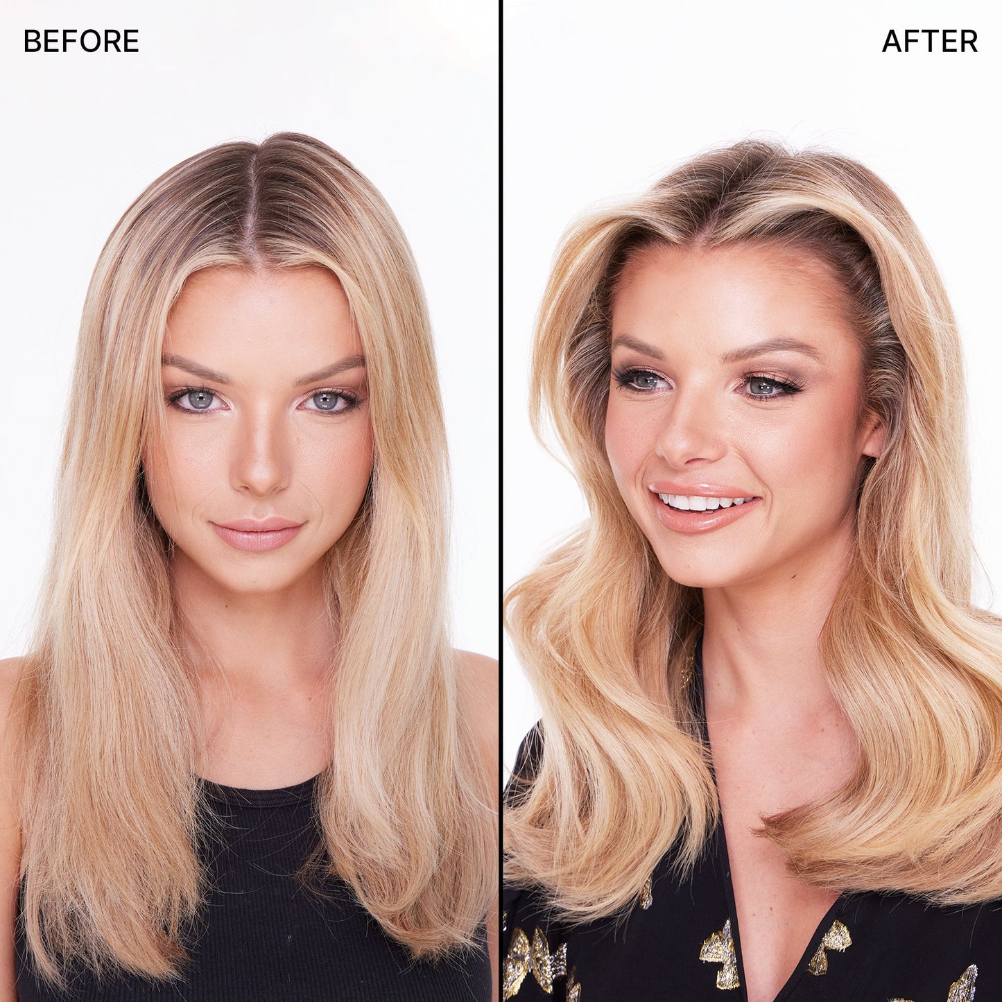 Before & after of a model with brittle, damaged hair and then strong, supple hair.