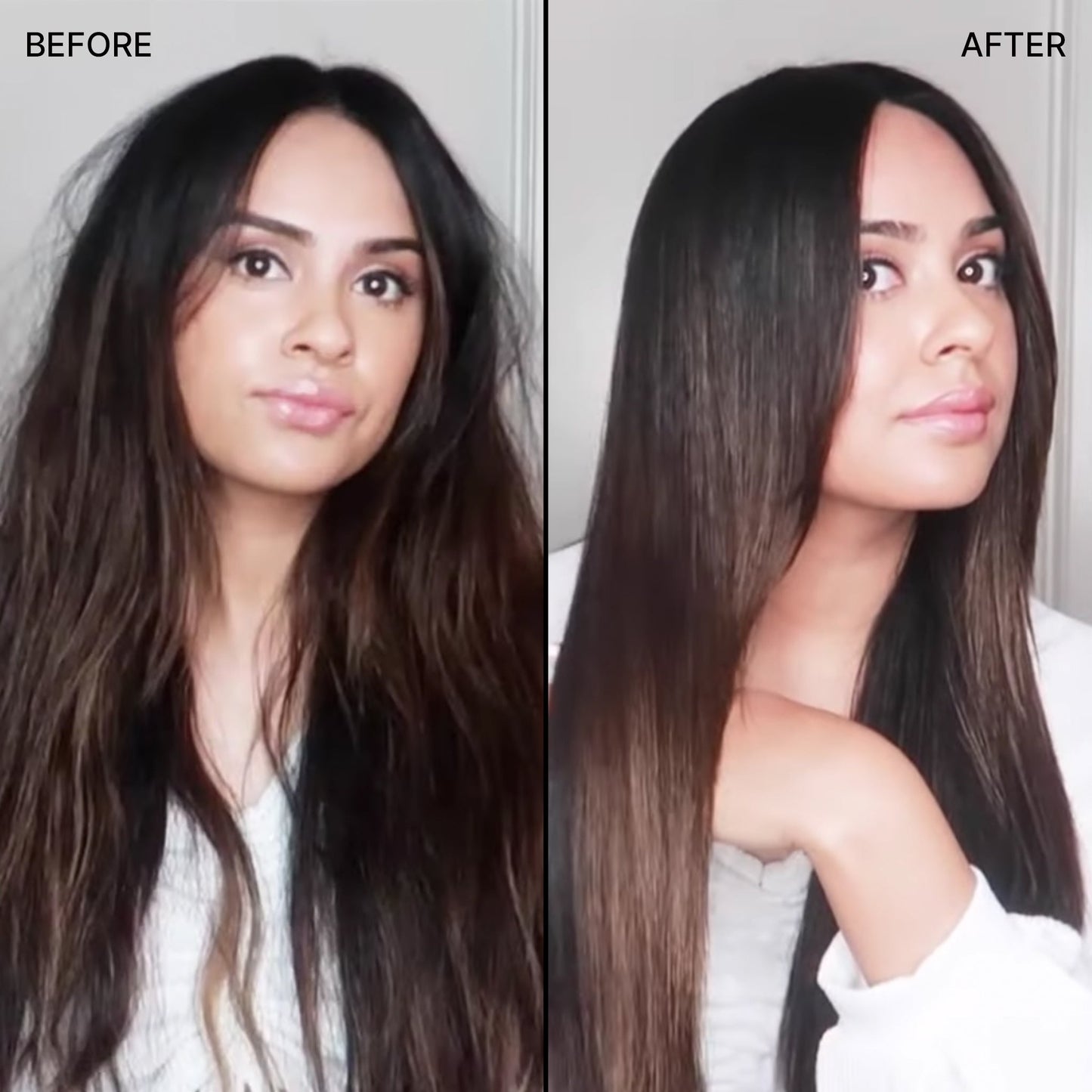 Before & after of a model with damaged, fragile hair and then smooth hair.