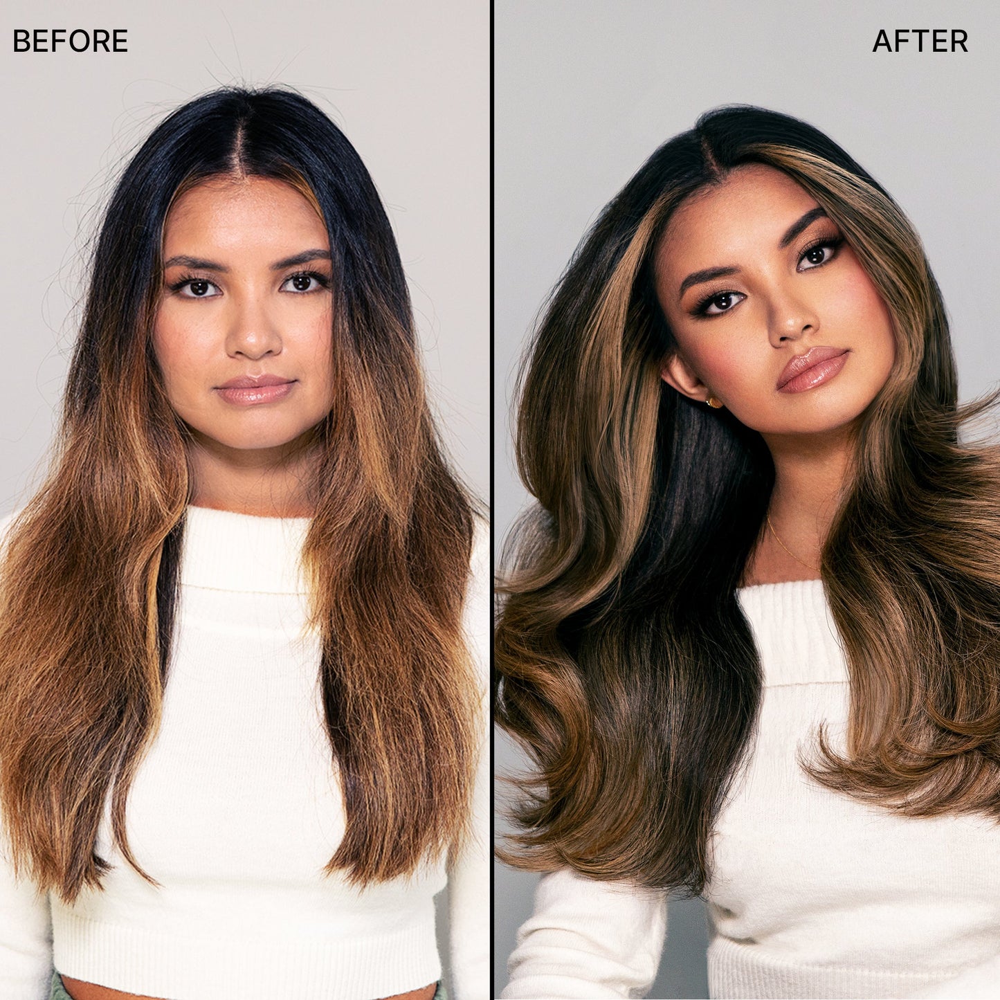 Before & after of a model with dry, damaged, dehydrated straight hair and then smooth, hydrated, healthy straight hair.