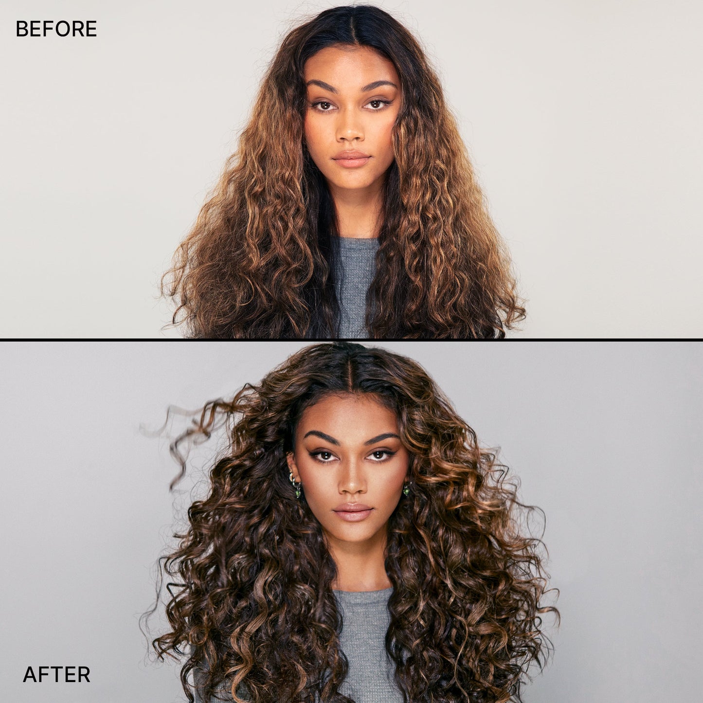 Before & after of a model with dry, damaged, dehydrated curly hair and then smooth, hydrated, healthy curly hair.