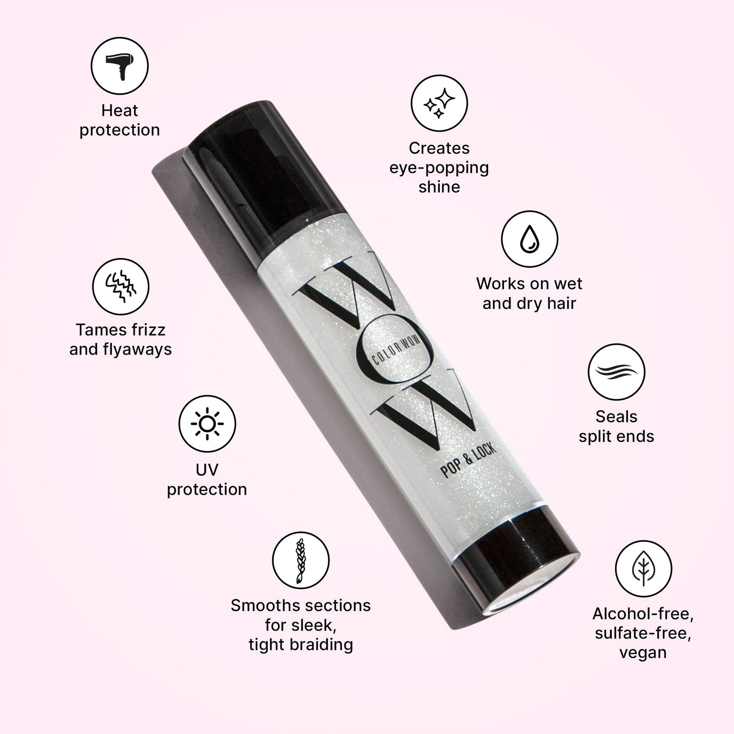 Pop & Lock has heat and UV protection, tames frizz and flyaways, smooths sections for sleek, tight braiding, creates eye-popping shine, and seals split ends. It works on wet and dry hair and is alcohol-free, sulfate-free, and vegan.