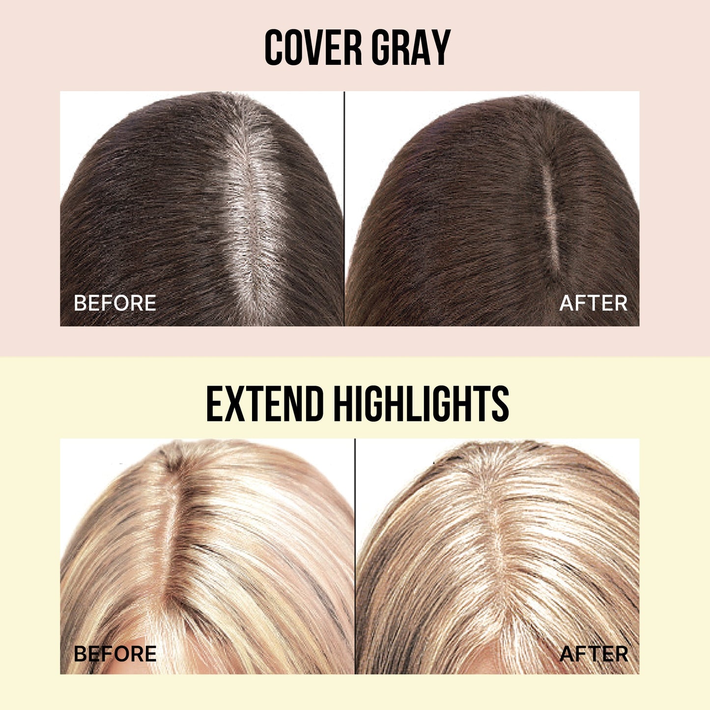 Cover gray. Before & after of a model with gray roots and then brown roots. Extend highlights. Before & after of a model with grown-out highlights and then touched-up extended highlights.