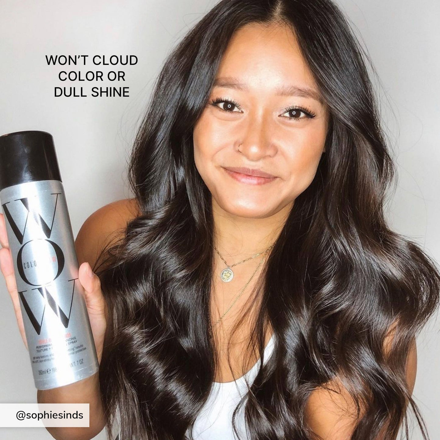 Won’t cloud color or dull shine. Image from @sophiesinds of voluminous, shiny hair.