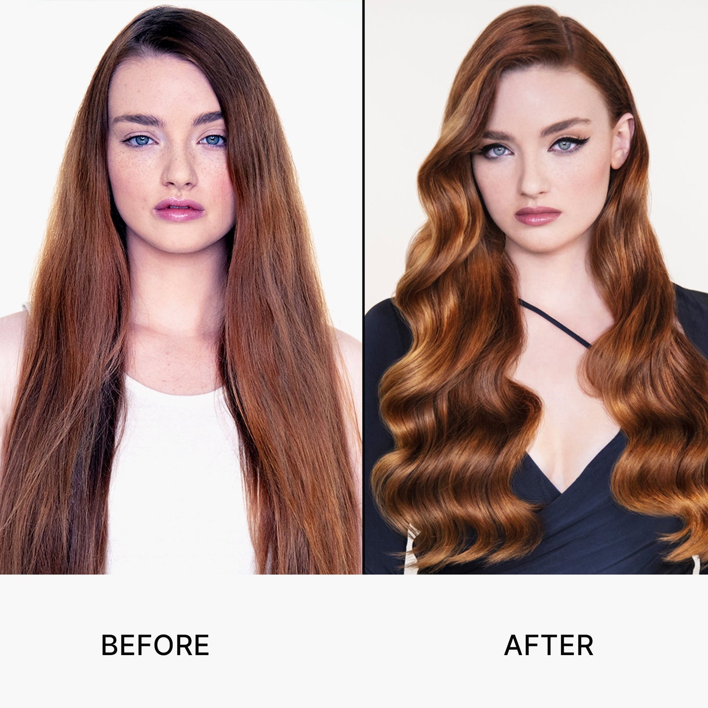 Before & after of a model with dull hair and then glossy healthy-looking hair.